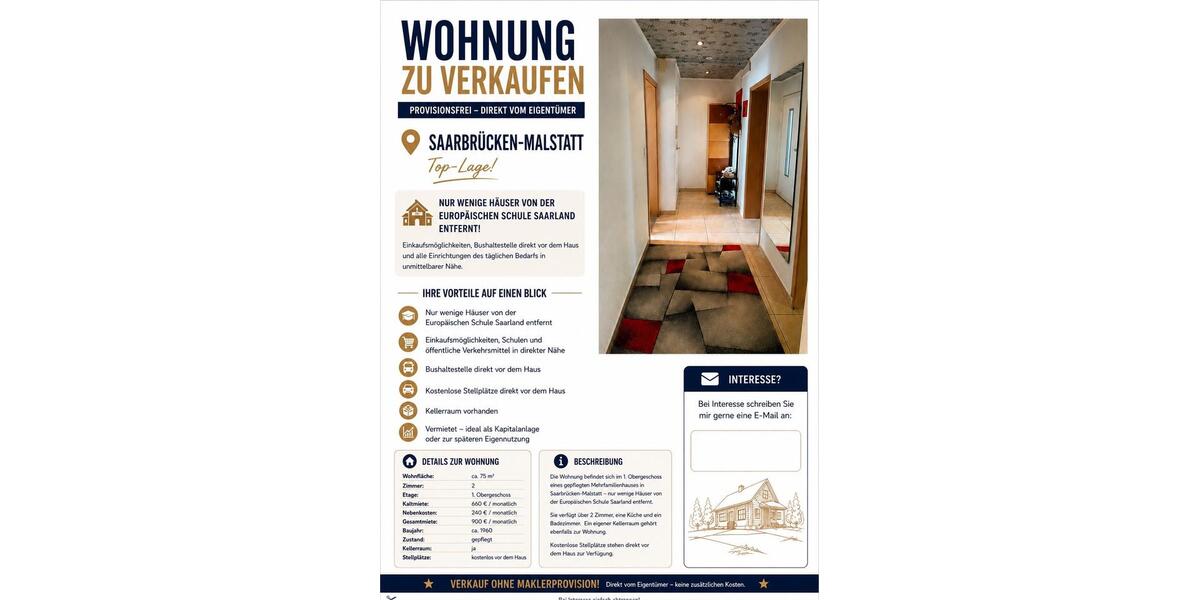 Etagenwohnung Saarbrücken West - 2 Zimmer, 75 m&sup2;, 118.000&euro; | Angebot:27265964