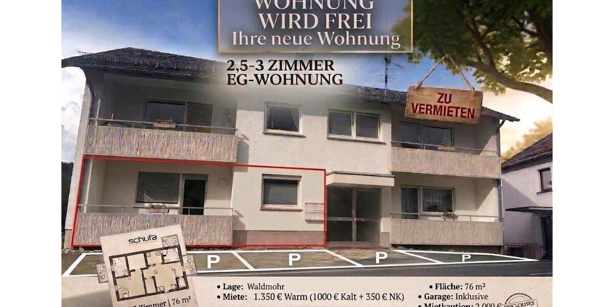 Erdgeschoßwohnung Waldmohr - 3 Zimmer, 76 m&sup2;, 1.000&euro; | Angebot:25906879