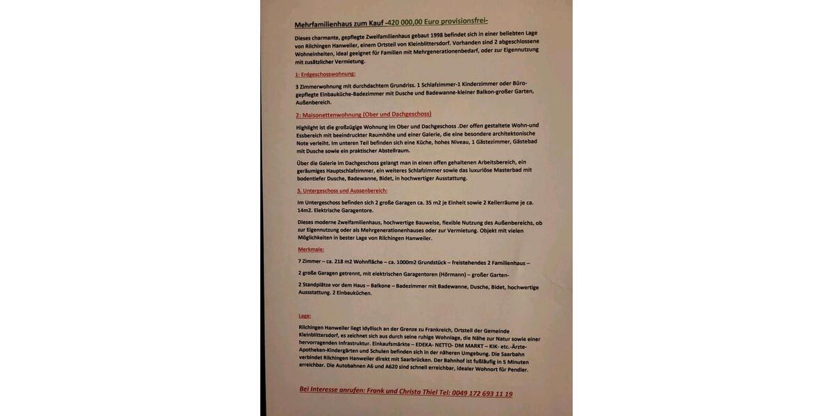 Mehrfamilienhaus, Wohnhaus Kleinblittersdorf - 7 Zimmer, 220 m&sup2;, 395.000&euro; | Angebot:24814295