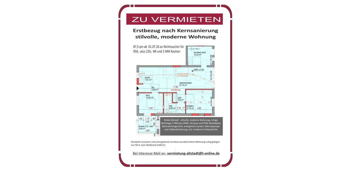 Erdgeschoßwohnung Kirkel - 3 Zimmer, 88 m&sup2;, 950&euro; | Angebot:26700920