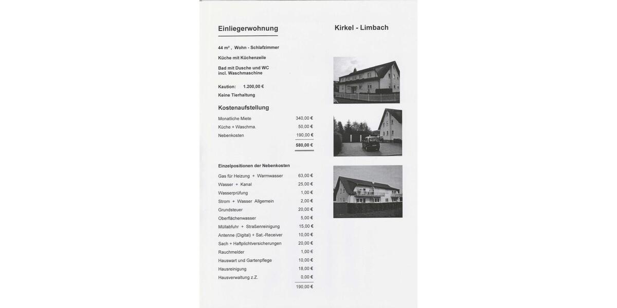 Etagenwohnung Kirkel - 1 Zimmer, 44 m&sup2;, 390&euro; | Angebot:26426550