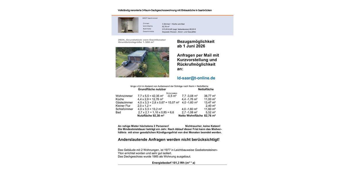 Dachgeschoßwohnung Saarbrücken West - 3 Zimmer, 83 m&sup2;, 570&euro; | Angebot:26630201