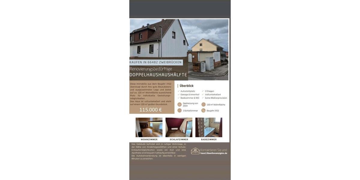 Doppelhaushälfte Zweibrücken - 4.5 Zimmer, 120 m&sup2;, 115.000&euro; | Angebot:25945381